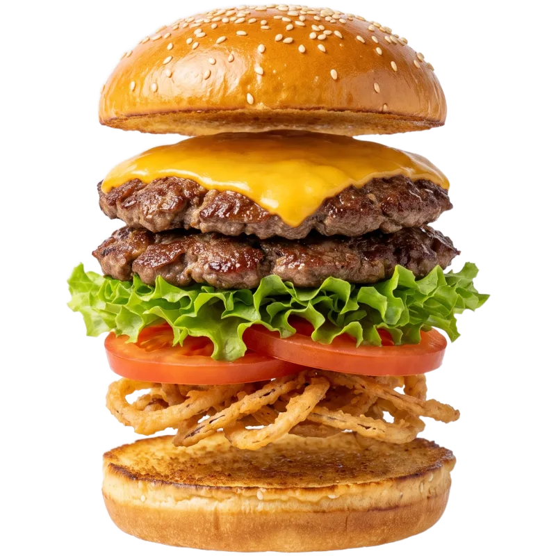 Smash burger en vue éclatée : pain, cheddar, deux steaks smashés, salade, tomate